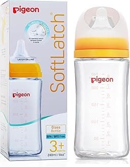Pigeon Wide Neck Glass Feeding Bottle, New Born/Infants/Toddler Upto 3 Years, BPA Free, Ergonomic Shape is Easy to Hold, with Anti Colic , 240ml Yellow