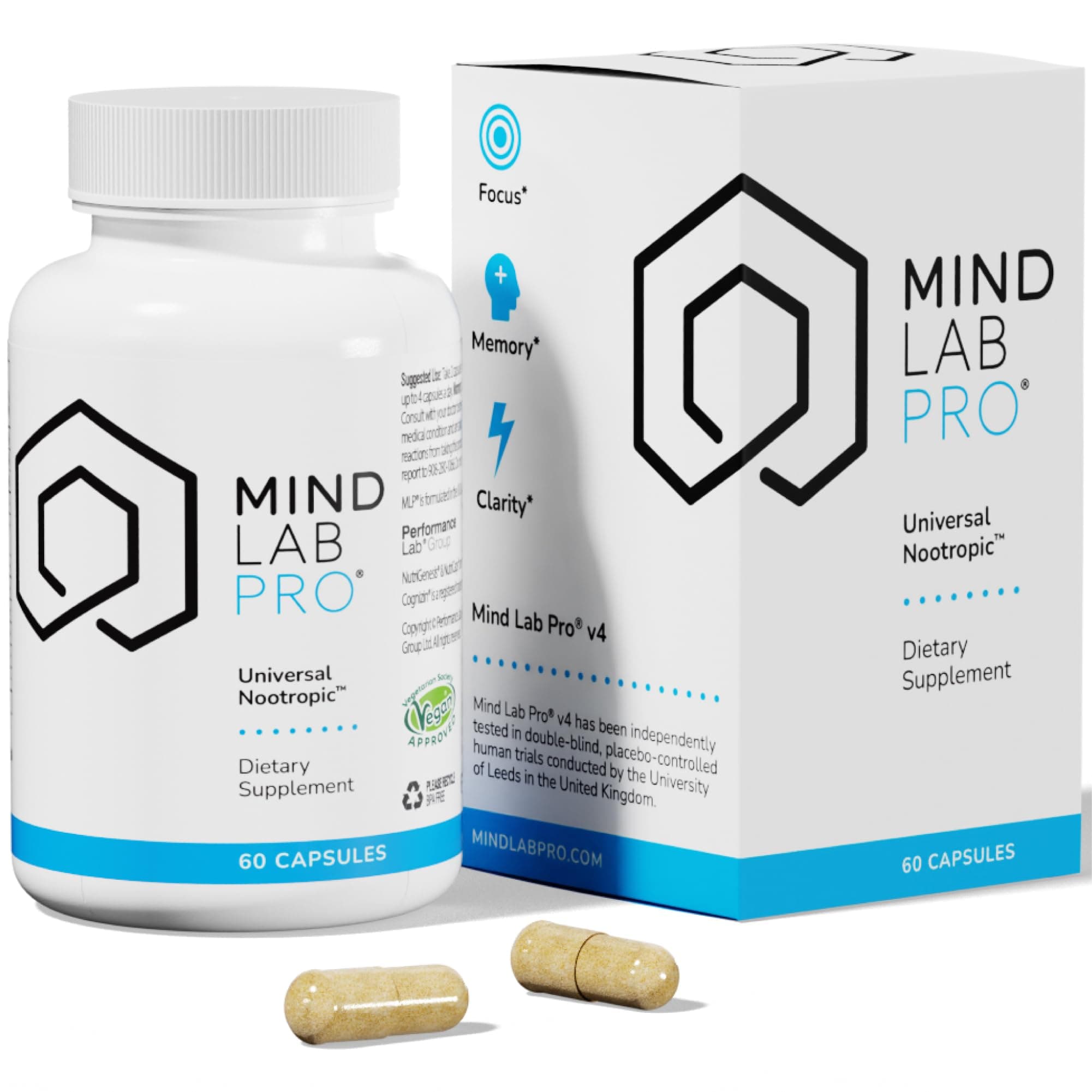 Mind Lab Pro® MLP® v4 Universal Nootropic™ Brain Booster Supplement for Focus, Memory, Clarity, Energy - 60-Count - Plant-Based, Naturally Sourced Memory Vitamins for Better Brain Health, Made in USA