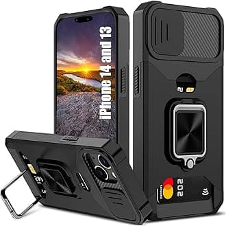 for iPhone 14 Case,iPhone 13 Case with Card Holder and Slide Camera Cover,360° Rotate Ring Kickstand Heavy Duty Protective phone case for iPhone 14 Cover& iPhone 13 Cover -Black