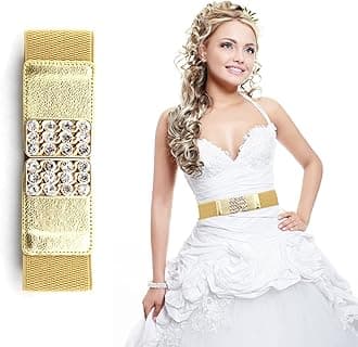 Trimming Shop Women's Elasticated Waist Belt with Gold Famed Buckles & Bejewelled Fake Diamantes, Cinch Belts for Formal, Casual Dress Adjustable Stretchable Retro Waistband, 60mm Wide