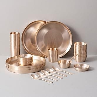 Veda Essentials. 36-Piece Kansa Dinner Set | Matte Finish | 6 Plate (10.5" Thali), 12 Bowls, 6 Glass, 6 Sweet Dish Plate, 6 Spoon | Authentic Indian Dining Collection - Bronze Dinner Set,Solid