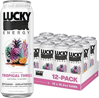 Lucky Energy Sugar Free Energy Drinks 19.2 Fl Oz Cans (Pack of 12) Healthy Energy Drink. Tropical Thrill with Maca, Ginseng, Taurine, Beta-Alanine, 200mg Caffeine (Packaging May Vary)