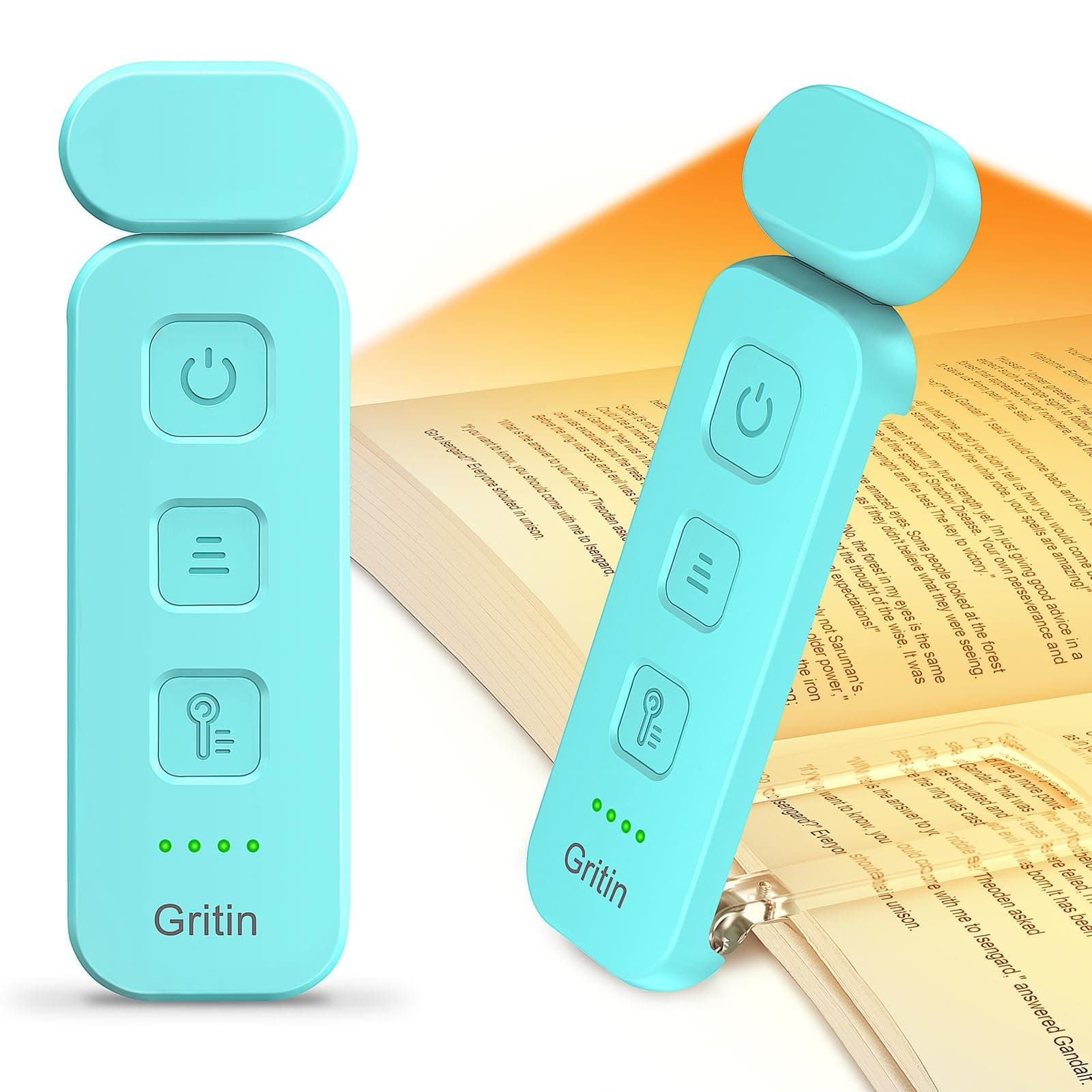 Gritin Book Light Rechargeable, Reading Light Lamp Clip on Books, Eye Caring 3 Colors, 5 Brightness & Stepless Dimming, Long Lasting up to 80hrs, Portable Mini Reading Lamp for Readers