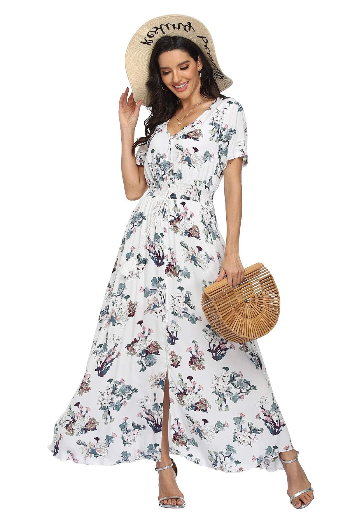 Women's Floral Maxi Dresses Boho Button Up Split Summer Casual Long Dress Beach Party Dress