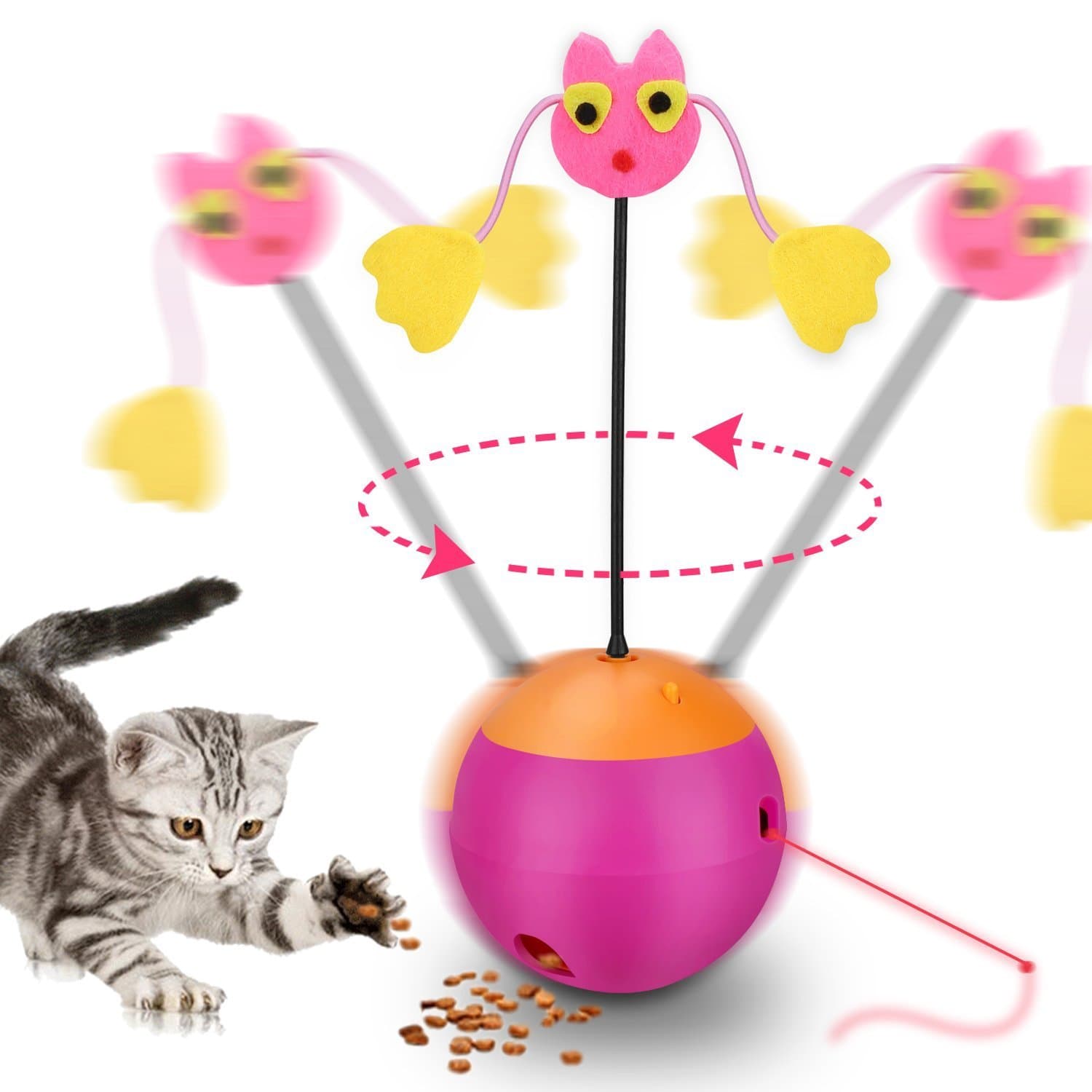 Mumoo Bear mb-cb01 Interactive Laser Cat Toy, 3 in 1 Multifunction Automatic Spinning Cat Toy Ball Tumbler with Laser Pointer and Food Dispenser, Pink