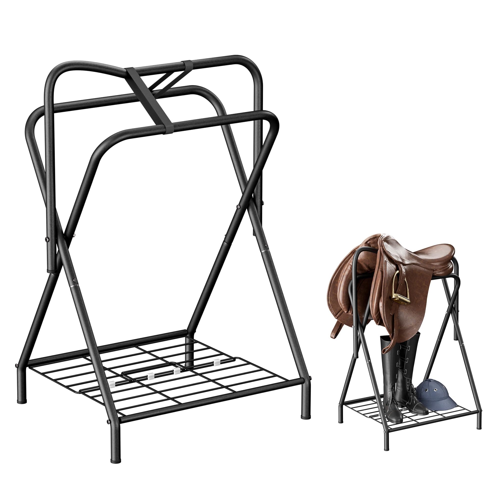 Dunatou Foldable Saddle Rack with Bottom Storage Shelf – Heavy Duty Horse Saddle Stand for English & Western Saddles, Portable Blanket Holder & Saddle Pad Rack for Tack Room, Barn & Trailer, Black