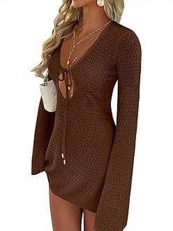 Swimsuit Cover Up for Women Crochet Bathing Suit 2026 Summer Swimwear V Neck Mesh Knit Dress Beach Vacation Clothes