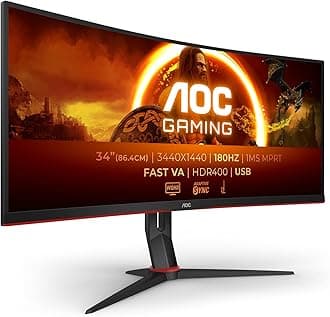 AOC CU34G2XPD/BK 34 inch UW-QHD Gaming Monitor Curved, 180Hz, Fast VA Panel, 1ms MPRT, Adaptive Sync, HDR400, FreeSync Premium, (3440x1440 HDMI 2x 2.0 DP 2x 1.4 USB Hub) Black/Red