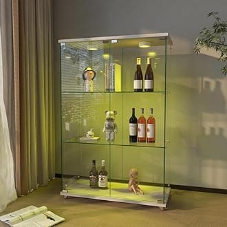 Modern Glass Display Cabinet 3-Shelf with LED Light, Lock and Wheels, 2 Door Curio Cabinets, Tempered Glass Collection Display Showcase for Living Room Home Office,White