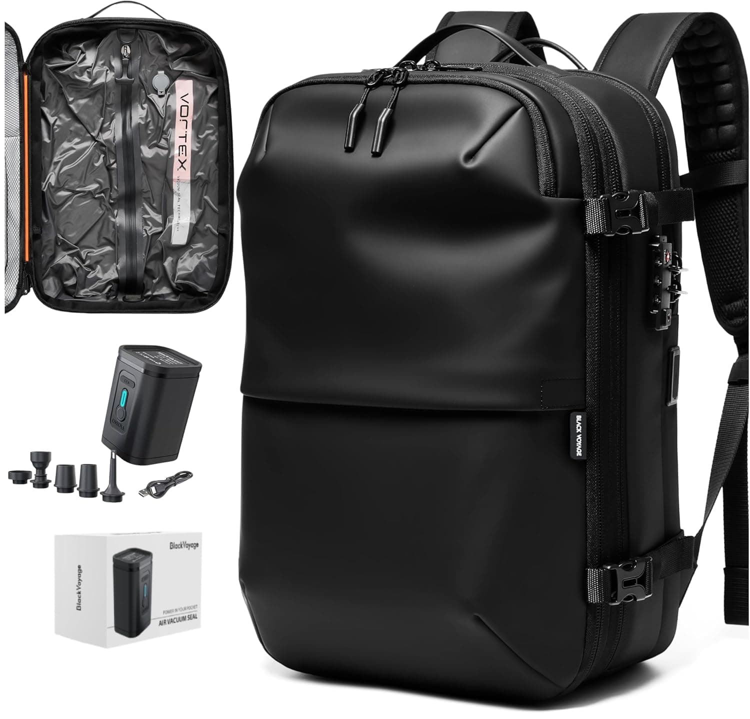 Vortex Vacuum Seal Travel Backpack 60L Expandable Air Compression System Water Resistant TSA Lock Carry-On Suitcase Luggage Black AERO - Vacuum Pump Included