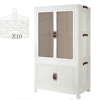 Portable Wardrobe Closet Storage Organizer for Clothes, Folding Storage Bins with Lid, Stackable Storage Box with Hanging Rod and Doors, Collapsible Cabinet with Wheels, 10 Hangers for Bedroom, Office