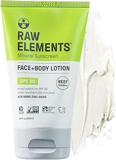 Raw Elements Face and Body Mineral Sunscreen SPF 30 Tube, Organic Sunblock Daily Protection, Non Toxic Reef Safe, Water Resistant, Cruelty Free, 3 oz (Pack of 1)