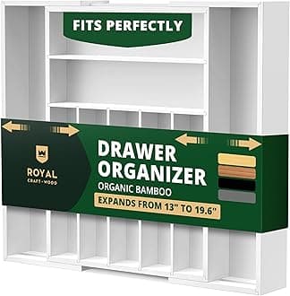 ROYAL CRAFT WOOD Luxury Bamboo Kitchen Drawer Organizer - Silverware Organizer/Utensil Holder and Cutlery Tray with Grooved Drawer Dividers for Flatware and Kitchen Utensils (9 Slot, White)