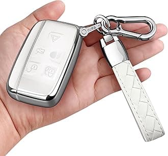 Sindeda for Land Rover Key Fob Cover with Keychain Soft Full Protection Key Shell Key Case Compatible with Land Rover LR4 Range Rover Sport Evoque Jaguar XF XJ XJL F-pace (White)