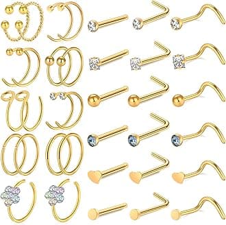 9-40 Pcs Nose Rings - Hoops, Studs & L Shape - Hypoallergenic Stainless Steel Nose Piercings for Women & Men