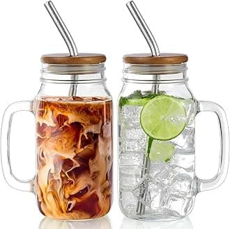 DRASTAR Glass Cups for Iced Coffee, 24oz Mason Jar with Lid and Straw, Mason Jar Coffee Cup, Mason Jars with Handle Drinking Glasses Set of 2