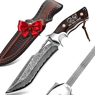 Damascus Hunting Knife, 10.4" Handmade Bowie Knife with Sheath, Real Damascus Steel Knives with VG10 Core &Wood Handle, Fixed Blade Knives for men women, Tactical, Survival, Camping, Gifts for Men Women