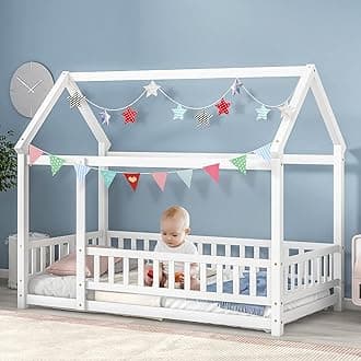Tatub Twin House Bed for Kids, Montessori Bed with Railings for Toddler Floor Bed Frame with Roof, Wood House Floor Bed, White