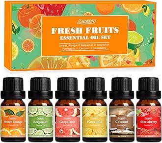 SALUBRITO Fresh Fruit Fragrance Oils Set, Essential Oils for Diffuser, Candle, Soap Making - Strawberry, Sweet Orange, Pineapple, Coconut, Bergamot, Grapefruit, 6X10ml