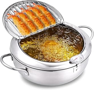 Deep Fryer Pot,304 Stainless Steel with Temperature Control and Lid Japanese Style Tempura Fryer Pan Uncoated Fryer(Diameter: 9.4")