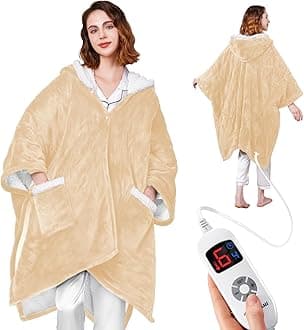 Wearable Heated Blanket - Cozy Gift for Women, Mom, Men| Reversible Flannel & Sherpa Electric Wrap with Pockets & Hood, 6 Heat Levels, 1-4H Timer, ETL Safe, Machine Wash, 50"x70" Beige