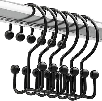 Titanker Shower Curtain Hooks Black, Minimalist Simple Double Glide Shower Curtain Rings, Rust Proof Metal Shower Hooks Rings for Bathroom Shower Rods Curtains, Set of 12 Hooks