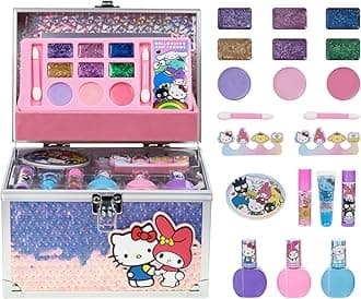 Hello Kitty & Friends Train Case Beauty Set, Kids Makeup Kit for Girls, Real Washable Makeup Set, Play Makeup, Party Favor, Birthday, Ages 3 4 5 6 7 8 9 10 11 12 by Townley Girl