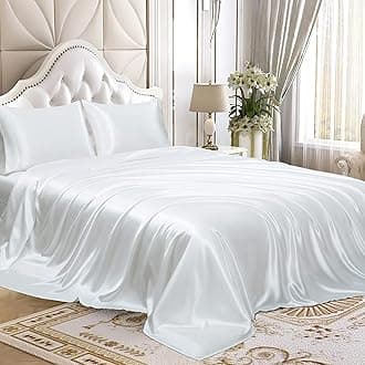 Homiest 4pcs Satin Sheets Set Luxury Silky Satin Bedding Set with Deep Pocket 1 Fitted Sheet + 1 Flat Sheet + 2 Pillowcases (King Size, White)