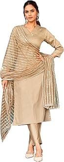 WomanistaWomen's Beige Color Cotton Kurta Set with Heavy Dupatta