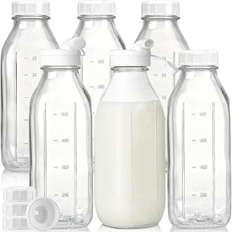 Liter Glass Milk Bottles w 100% Airtight Heavy Duty Screw Lid & 2 Dispenser- 6 Pack 32 Oz Drinking Jars - Food Grade Glass Bottles for Milk, Honey, Jam - Dishwasher Safe(Extra 2 Lids and Stickers)