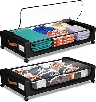 Under Bed Storage with Wheels, UnderBed Storage Containers with Clear Lid and Handles, XXL 60L Under the Bed Storage Bins Drawers for Clothes,Blankets,Shoes,Books (BLACK, 2 PACK)