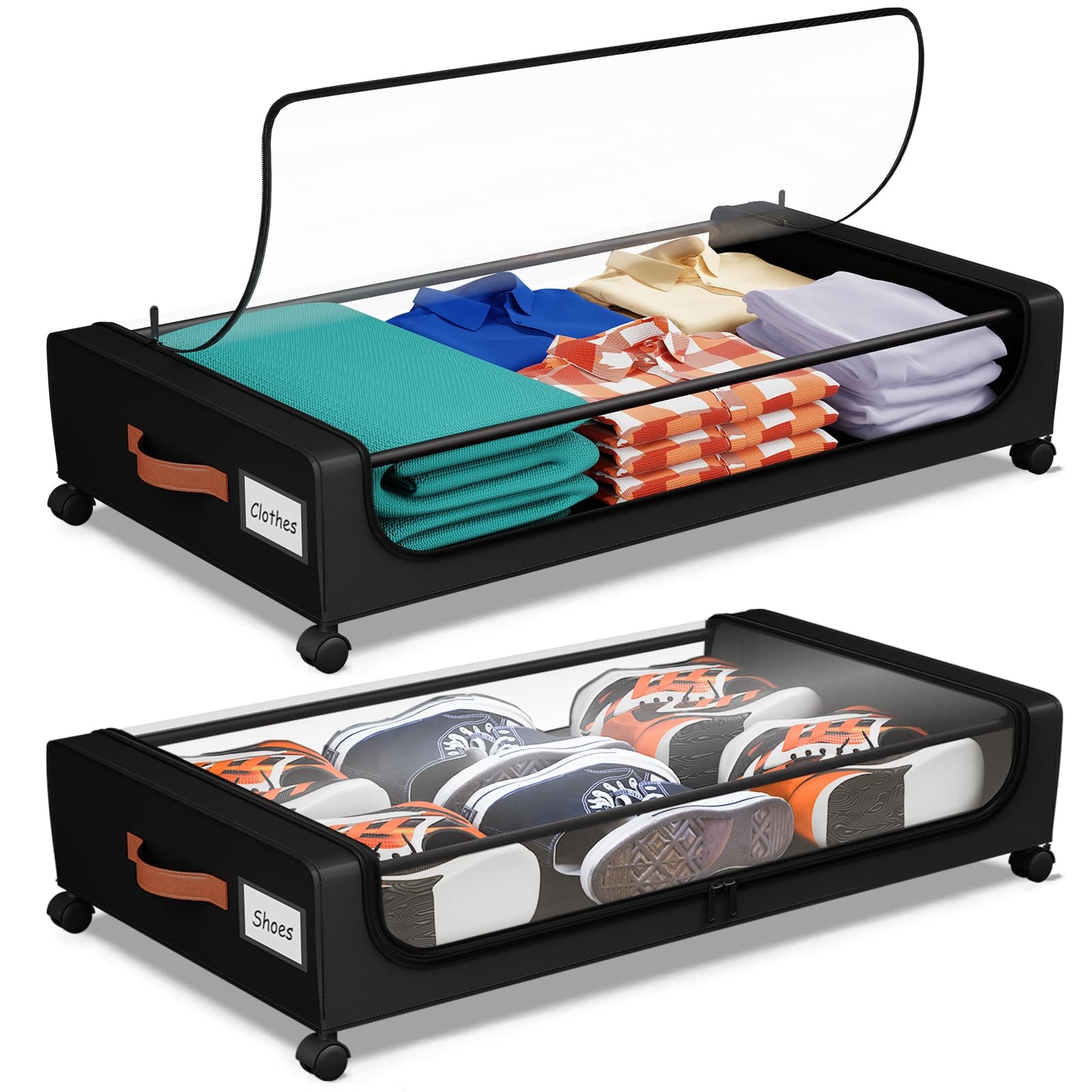 Under Bed Storage with Wheels, UnderBed Storage Containers with Clear Lid and Handles, XXL 60L Under the Bed Storage Bins Drawers for Clothes,Blankets,Shoes,Books (BLACK, 2 PACK)