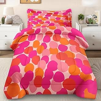 Comforter Set Twin Size, Pink Orange Colorful Soft 2 Pcs Bedding for Kids and Adults, Fruit Retro Leaves Comforter Set with Pillowcase, for Bedroom Bed Decor