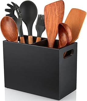 ALELION Black Utensil Holder for Kitchen Counter - 2 Compartment Large Kitchen Utensil Caddy Organizer for Countertop - Kitchen Tool Holder for Spatula Ladles