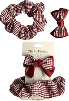 Gingham Hair Accessories for School Alice Band Slim Headband Scrunchy Clips (Burgundy 4 piece Gingham Clips and Scrunchies School Hair Set)