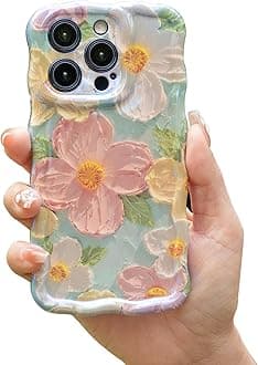 Cute Case for iPhone 13 Pro, Colorful Retro Oil Painting Printed Flowers Case, Fashion TPU Floral Laser Beam Glossy Pattern Curly Waves Frame Shockproof Protective Case Cover for Girl Women