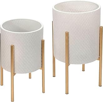 Decorative Flower Pots with Metal Stand for Home Decor - Modern Planters for Hallway, Entryway, and Living Room Decor - Indoor and Outdoor Pots for Plants - Set of 2, 23", 19", White & Gold