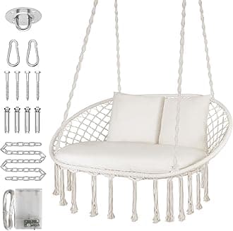 ZENPETIO Double Macrame Swing Chair, Large Hanging Swing Chair with 3 Cushions & Mounting Hardware, Handwoven Swing for Bedroom, Patio, Living Room etc. Indoor/Outdoor Relax, Max 700 Lbs, Beige