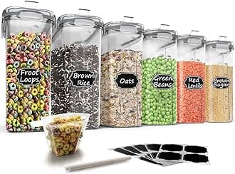 Wildone Cereal Storage Containers Set, Large BPA Free Plastic Airtight Food Storage Containers 4L /135.3oz for Flour, Sugar, 6 Piece Set Cereal Dispensers with 20 Labels & Marker, Grey