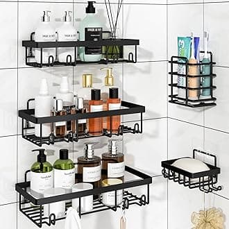 5 Pack Shower Caddy Organizer Rack Shelf for Inside Shower, Adhesive Bathroom Wall Storage Basket Rustproof Stainless Steel Shampoo Holder, Bathroom Accessory Decor Set, Black.
