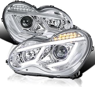 SPEC-D TUNING Chrome LED Projector Headlights Compatible with 2001-2007 Mercedes-Benz W203 C-Class Sedan, Left + Right Pair Headlamps Assembly