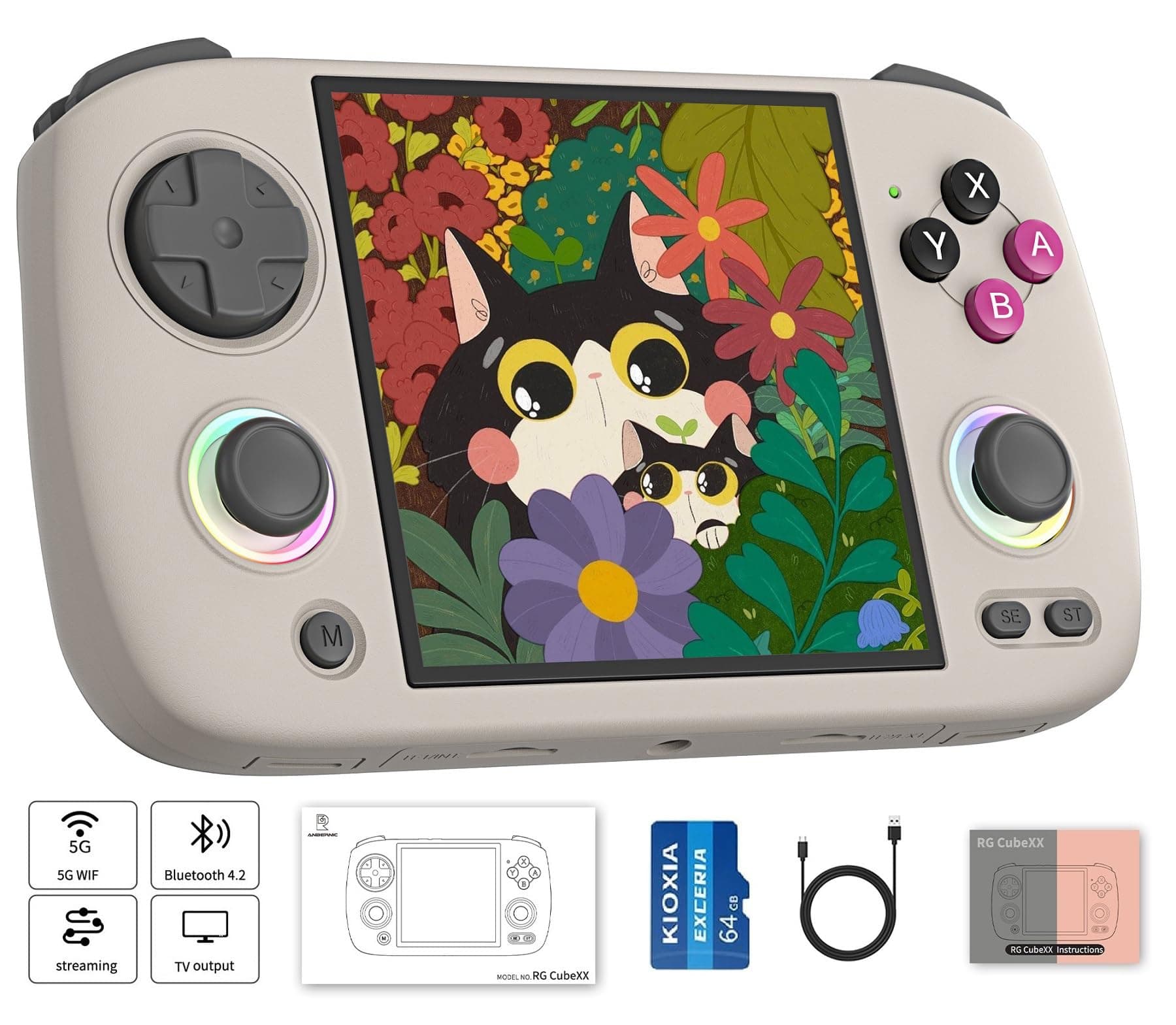 RG CubeXX Retro Handheld Game Console , 3.95 Inch IPS Screen Linux System Built-in 64G TF Card Support TV Output (Gray)