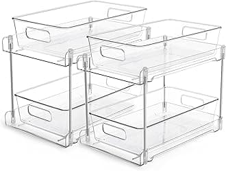 Vtopmart 2 Tier Bathroom Storage Organizer, 2 Pack Clear Under Sink Organizers Vanity Counter Storage Container, Medicine Cabinet Drawers Bins, Pull-Out Organization with Track for Pantry, Kitchen