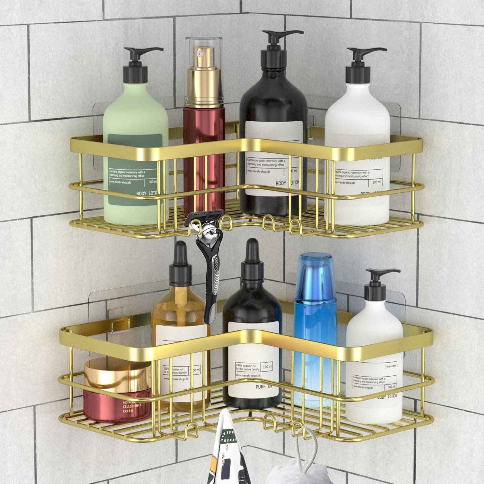 Yazoni Corner Shower Caddy 2-Pack, No Drilling Shower Organizer Corner Shelf for Bathroom Tub, Stainless Steel Shower Caddy Corner Shelf for Bathroom Kitchen(Gold)
