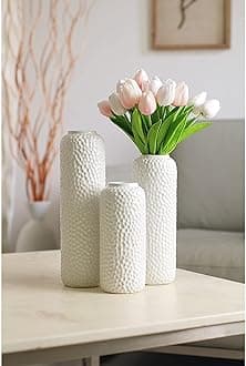 Hosley Set of 3 White Ceramic Honeycomb Vase Tall 12 Inch Medium 10 Inch Short 8 Inch High Each. Ideal Gift for Wedding Special Occasion Dried Floral Arrangements Home Office Spa