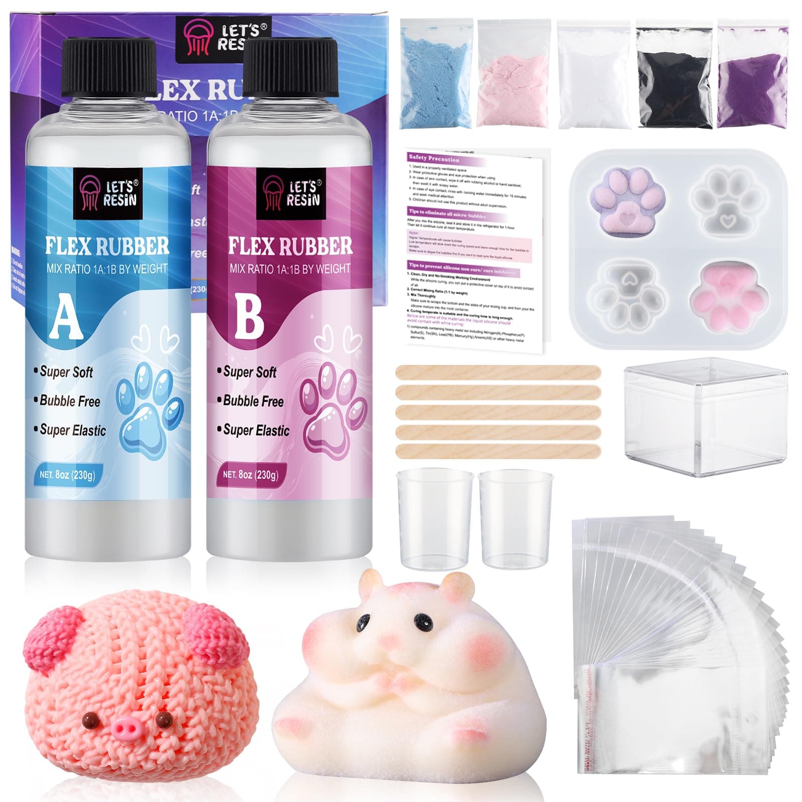 LET'S RESIN Gel for Taba Squishy Kit, 16oz Super Soft Flex Rubber for Squishy Maker, with Paw Molds/Flocking Powder/Bag, Molding Cat's Paw, DIY Decompression Gift