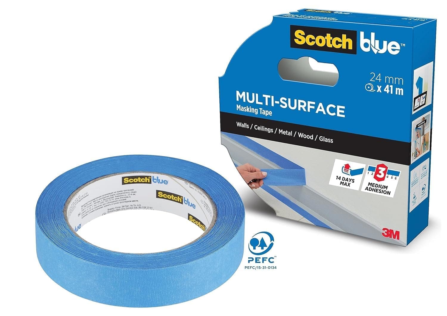 Multi-Surface Premium Masking Tape, 24mm x 41m, 1 Roll/Pack - Scotch Adhesive Blue Painters Tape, For Painting and Decorating, Indoor & Outdoor, Sticks Well, 70% PEFC