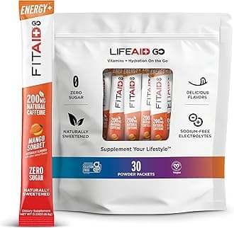 FITAID Energy GO Blend, 200mg Caffeine from Green Tea, Zero Sugar, All-in-One Drink: BCAAs, B-Complex, COQ-10, Keto Friendly Pre-Workout Drink, Paleo, Mango Sorbet, (Value Pack of 30)
