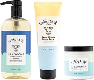 TUBBY TODD Baby Bundle Newborn Skin Care Set - Hypoallergenic Hair + Body Wash, All Over Ointment with Colloidal Oatmeal, Sweet Cheeks Diaper Paste - Lavender Rosemary, Full Size