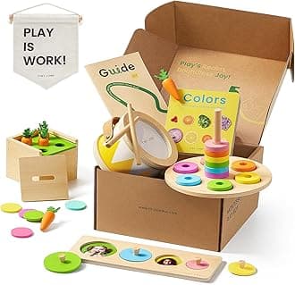 Tiny Land Montessori Toy Set for Babies Aged 13-15 Months. Explorer Playset - Baby Drum, Carrot Harvest and Coin Boxes, Stacking and Colour Adjuster, Size Matching Puzzle